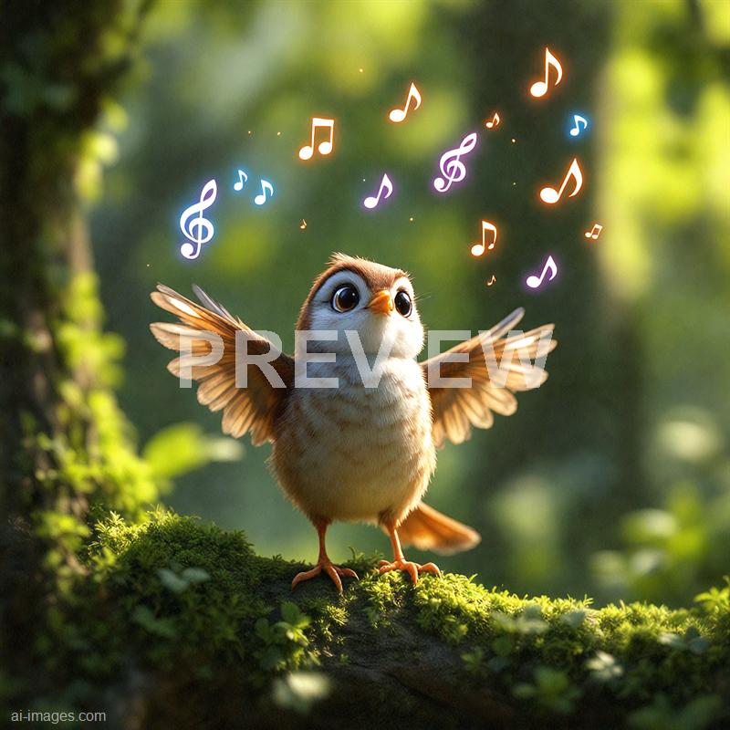 An adorable, animated owl chick with large, expressive eyes and outstretched wings is perched on a moss-covered branch in a lush green forest. Above the owl, colorful, glowing musical notes and treble clefs float in the air, suggesting the owl is singing or surrounded by music in a whimsical and lively scene. The background is blurred with shades of green, emphasizing the vibrant and magical atmosphere.